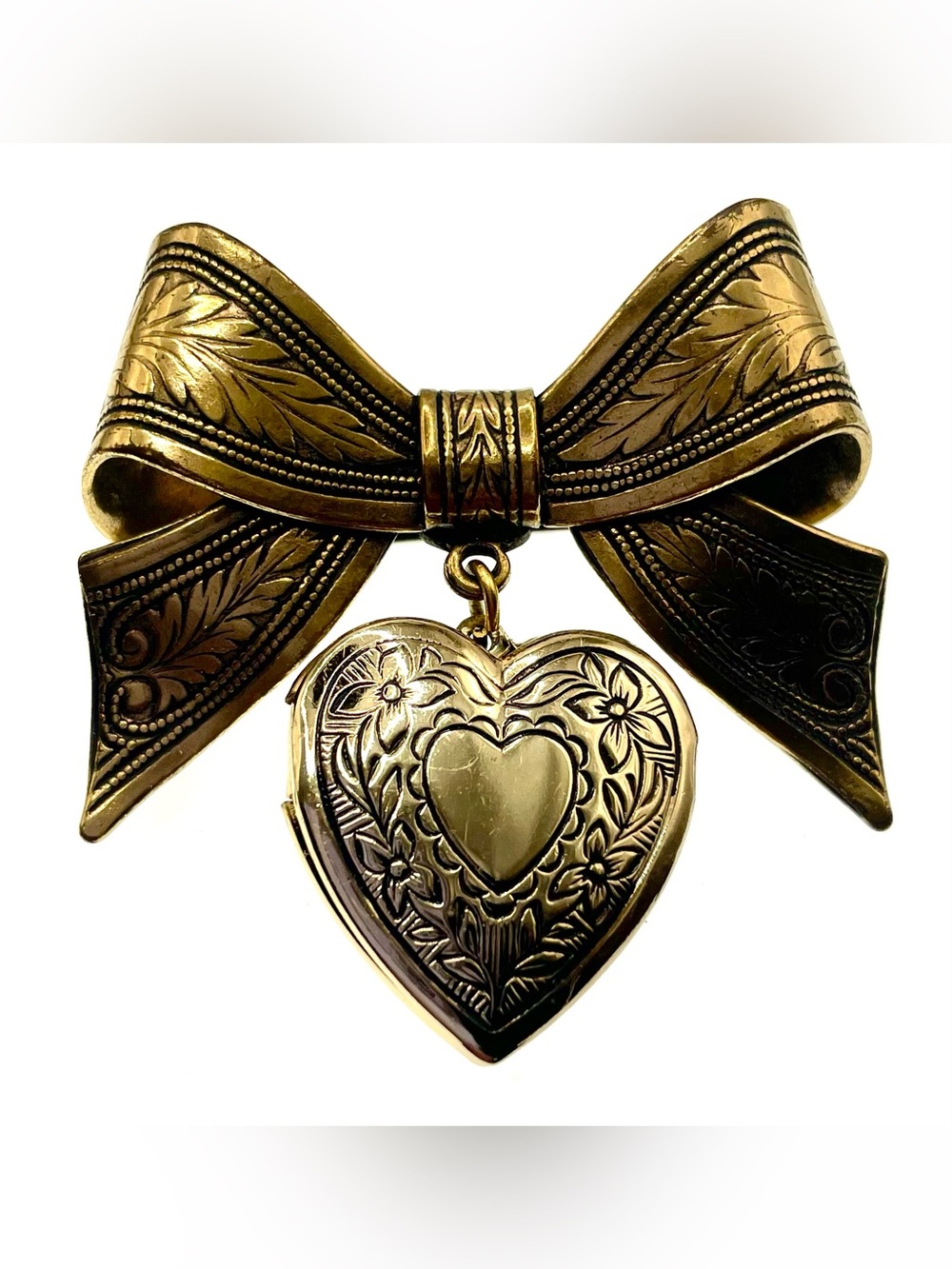 Vintage Gold Tone Bow Brooch Dangling Heart Locket Charm Victorian Revival